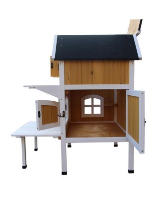[US-W]2-Story Wooden Raised Elevated Cat Cottage Pet House Indoor Outdoor Kennel